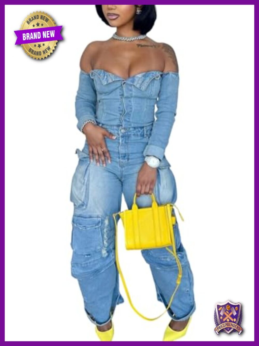 Off Shoulder Denim Jumpsuit Long Sleeve Cargo Wide Leg Club Party
